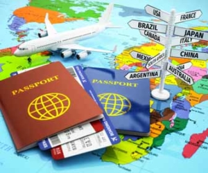 The travel concept displayed on map with passports, tickets, plane, and country directions.