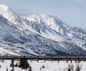 Alaska Oil Pipeline with Snowy Mountains in Background