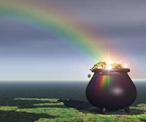 An image of the myth of a pot of gold at the end of the rainbow
