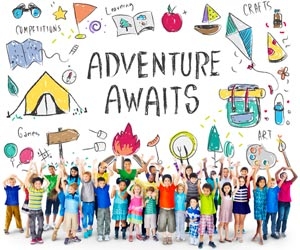 Summer camp concept including kids and fun cartoon drawings with "adventure awaits" text