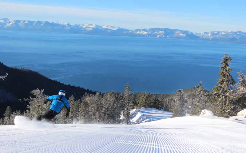 Skiing the Slopes at Diamond Peak Ski Resort with Beautiful Lake Tahoe in Background