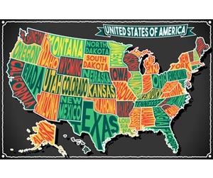 Map of the United States with the names of the states