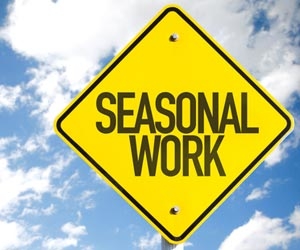 A yellow road sign that says "seasonal work" against a sky background