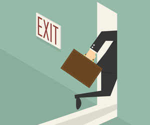 Graphic of businessman with one foot out the door of the closest exit
