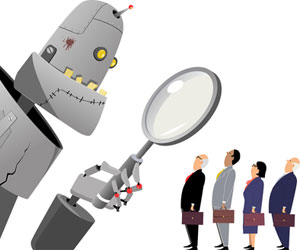 Robot looking at job candidates through a magnifying glass