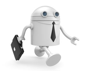 Walking robot in tie with briefcase