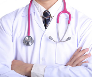 A healthcare provider wearing a lab coat with a stethoscope around neck