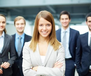 Female leader standing in front of the job search competition